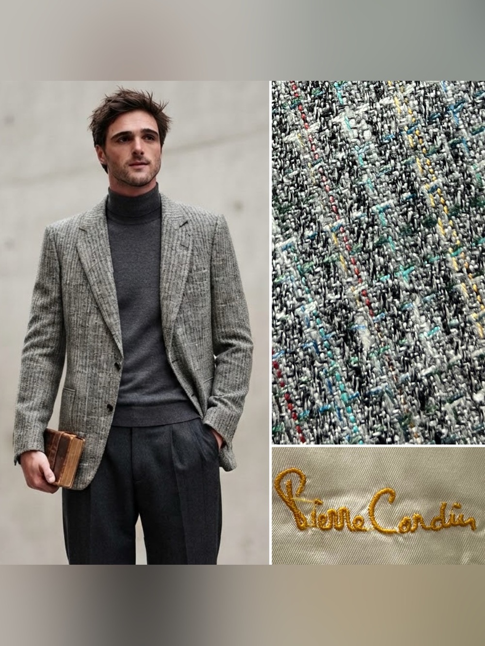 Pierre Cardin Vintage Men's 42R Gray Rainbow Flecked Silk Tweed Blazer Jacket